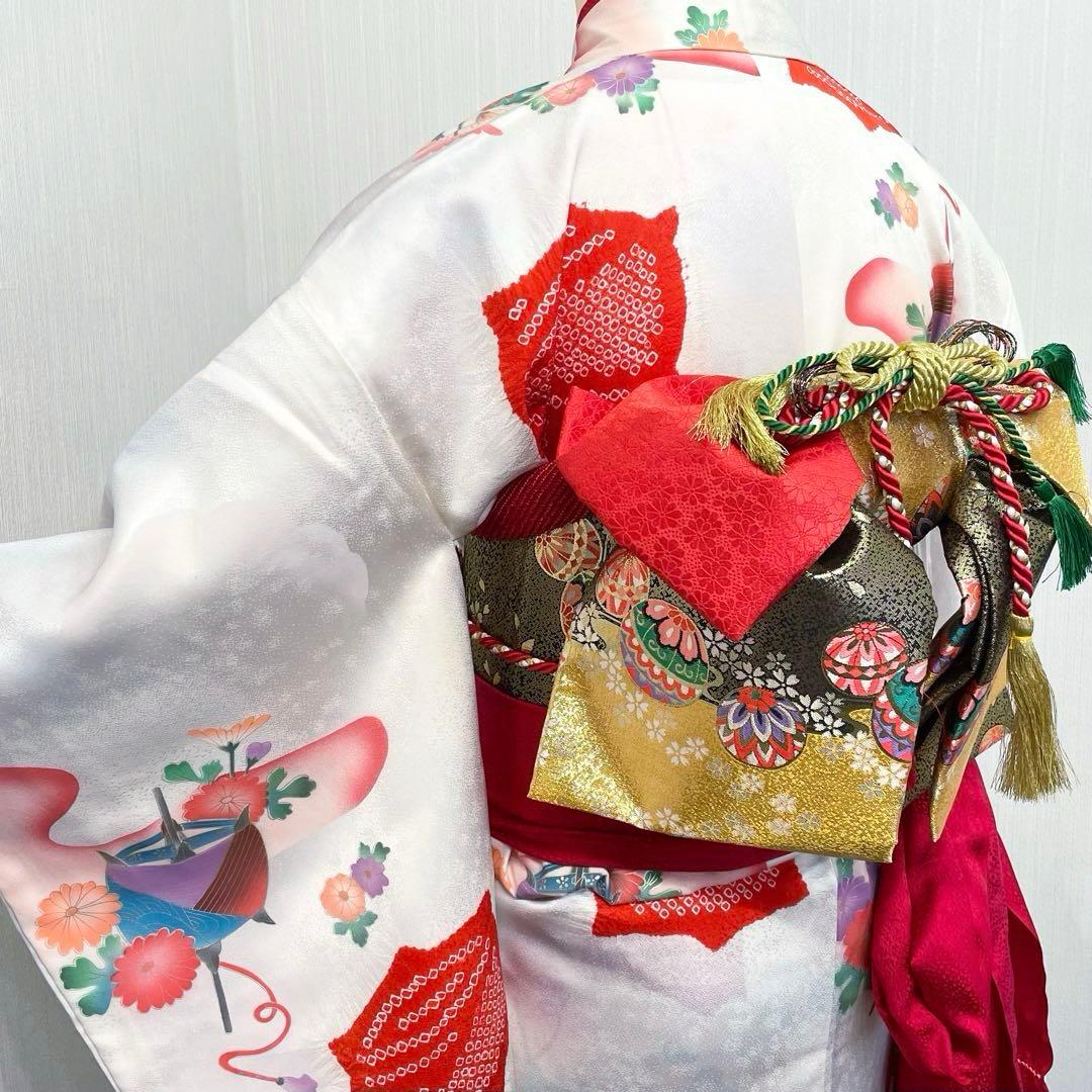 七五三 女の子 七歳用　正絹　部分絞り　古典柄　振袖　フルセット