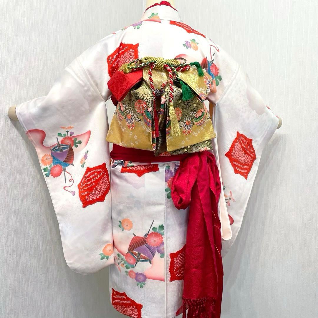 七五三 女の子 七歳用　正絹　部分絞り　古典柄　振袖　フルセット