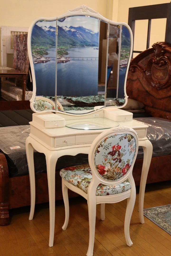 日本製 ドレッサーセット 椅子付き 猫脚 ホワイト カンティーニュ