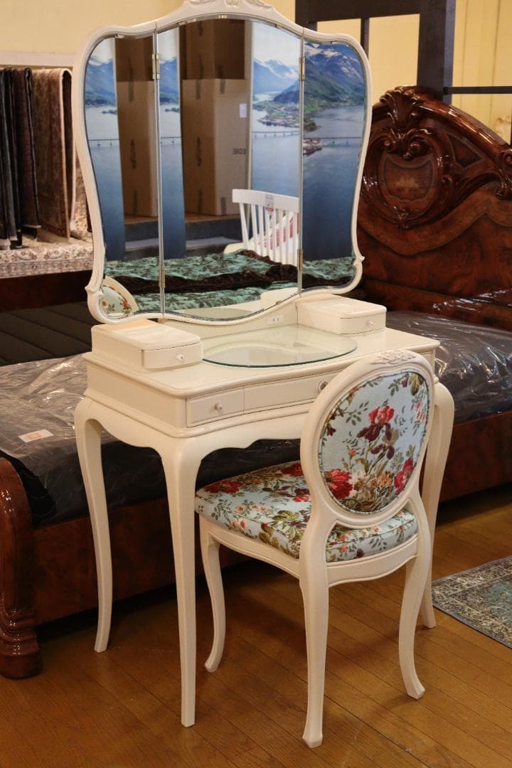 日本製 ドレッサーセット 椅子付き 猫脚 ホワイト カンティーニュ