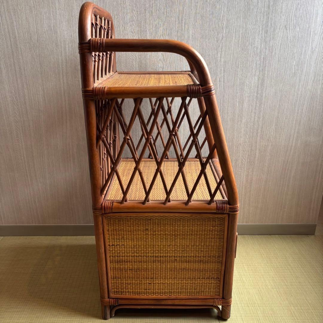 Ky80　昭和レトロ　ラタン　電話台　籐家具　ラタンラック　扉付き収納