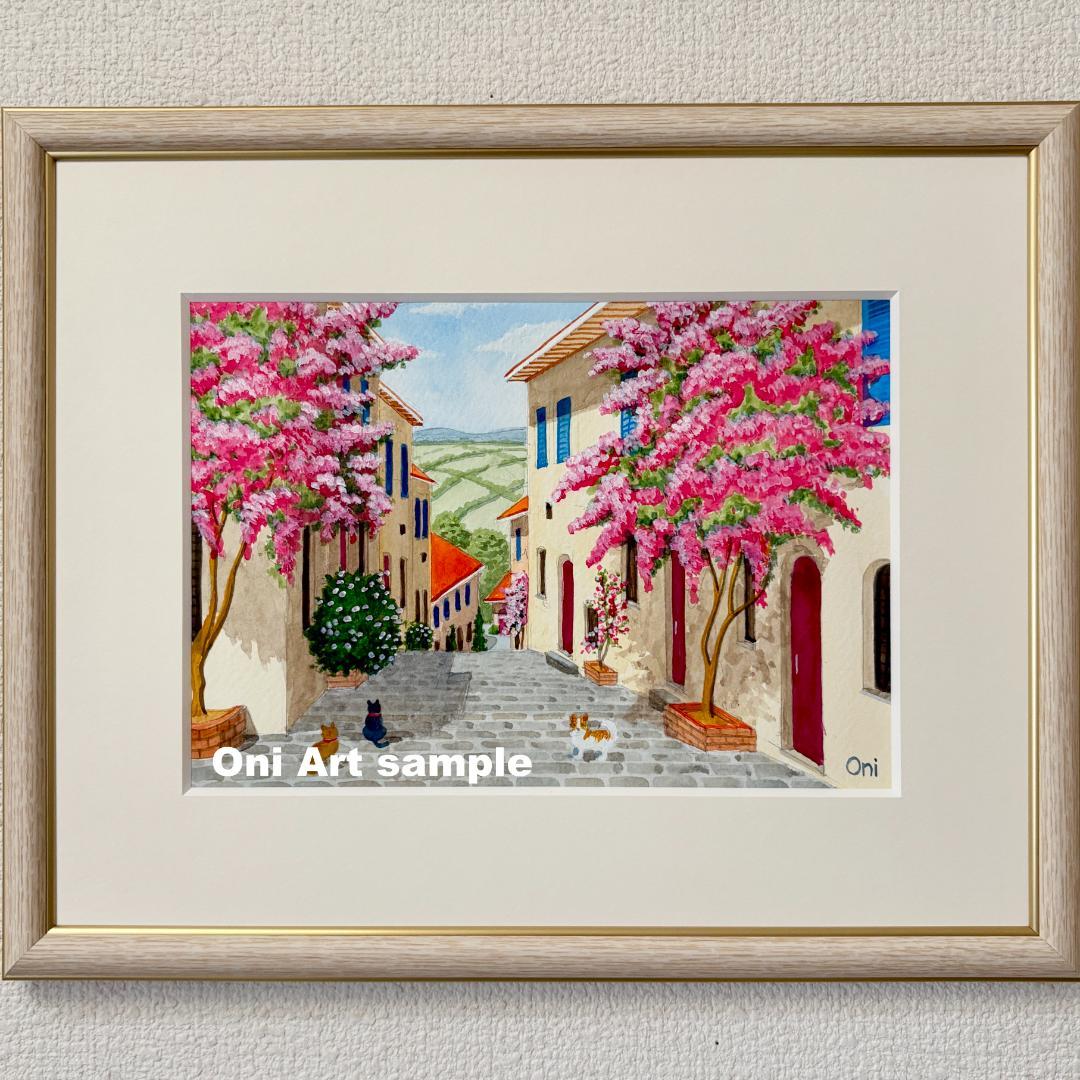 アクリル画　原画　「花の咲く路地12」額縁付　SMサイズ