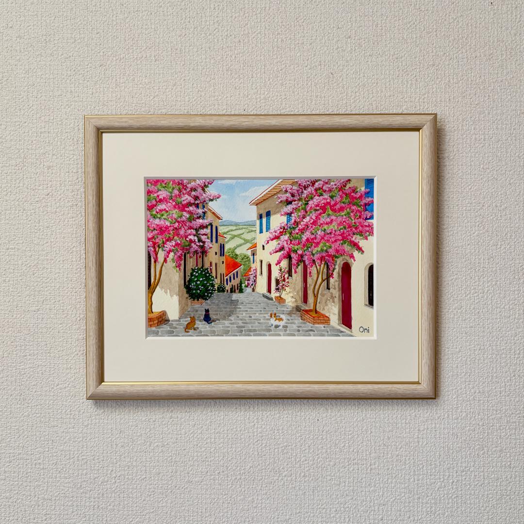 アクリル画　原画　「花の咲く路地12」額縁付　SMサイズ