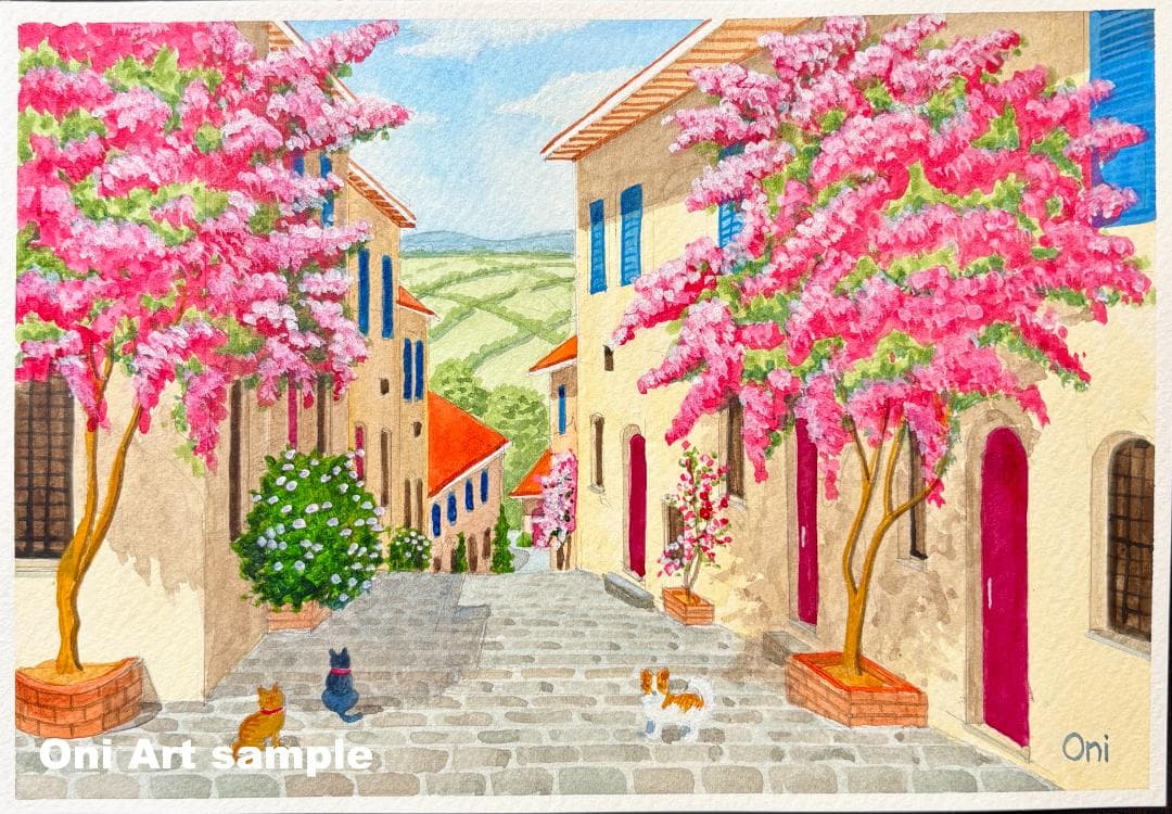 アクリル画　原画　「花の咲く路地12」額縁付　SMサイズ