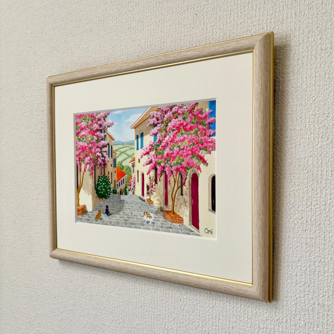 アクリル画　原画　「花の咲く路地12」額縁付　SMサイズ
