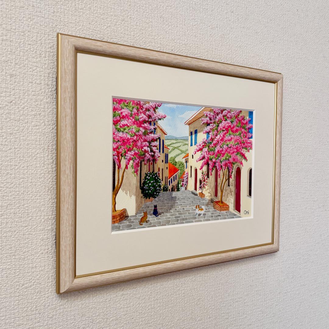 アクリル画　原画　「花の咲く路地12」額縁付　SMサイズ