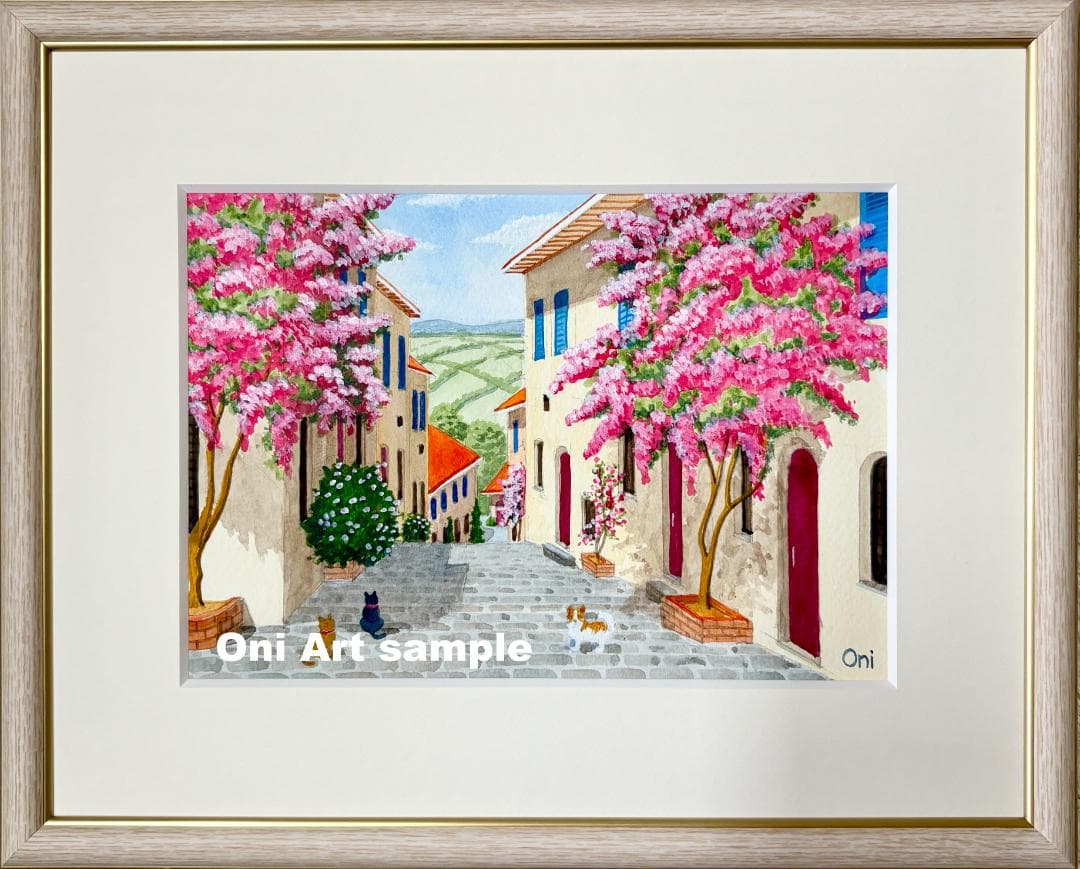 アクリル画　原画　「花の咲く路地12」額縁付　SMサイズ