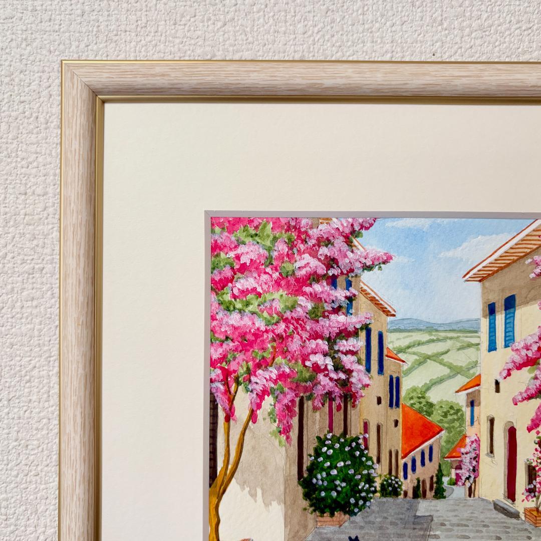 アクリル画　原画　「花の咲く路地12」額縁付　SMサイズ