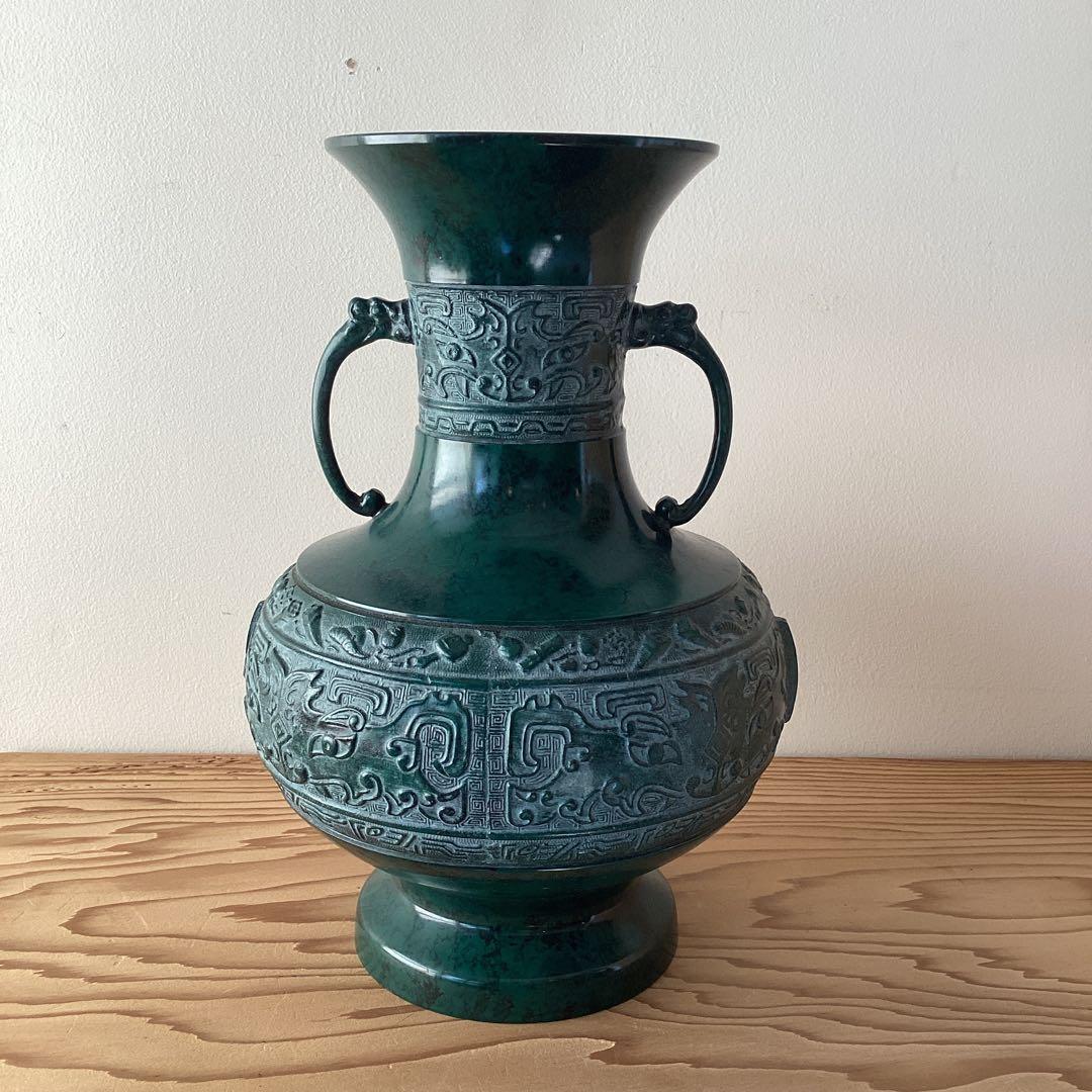 青銅花瓶 天龍作 高岡銅器 鋳芸花器 双耳花瓶 花瓶 工芸品 箱付き
