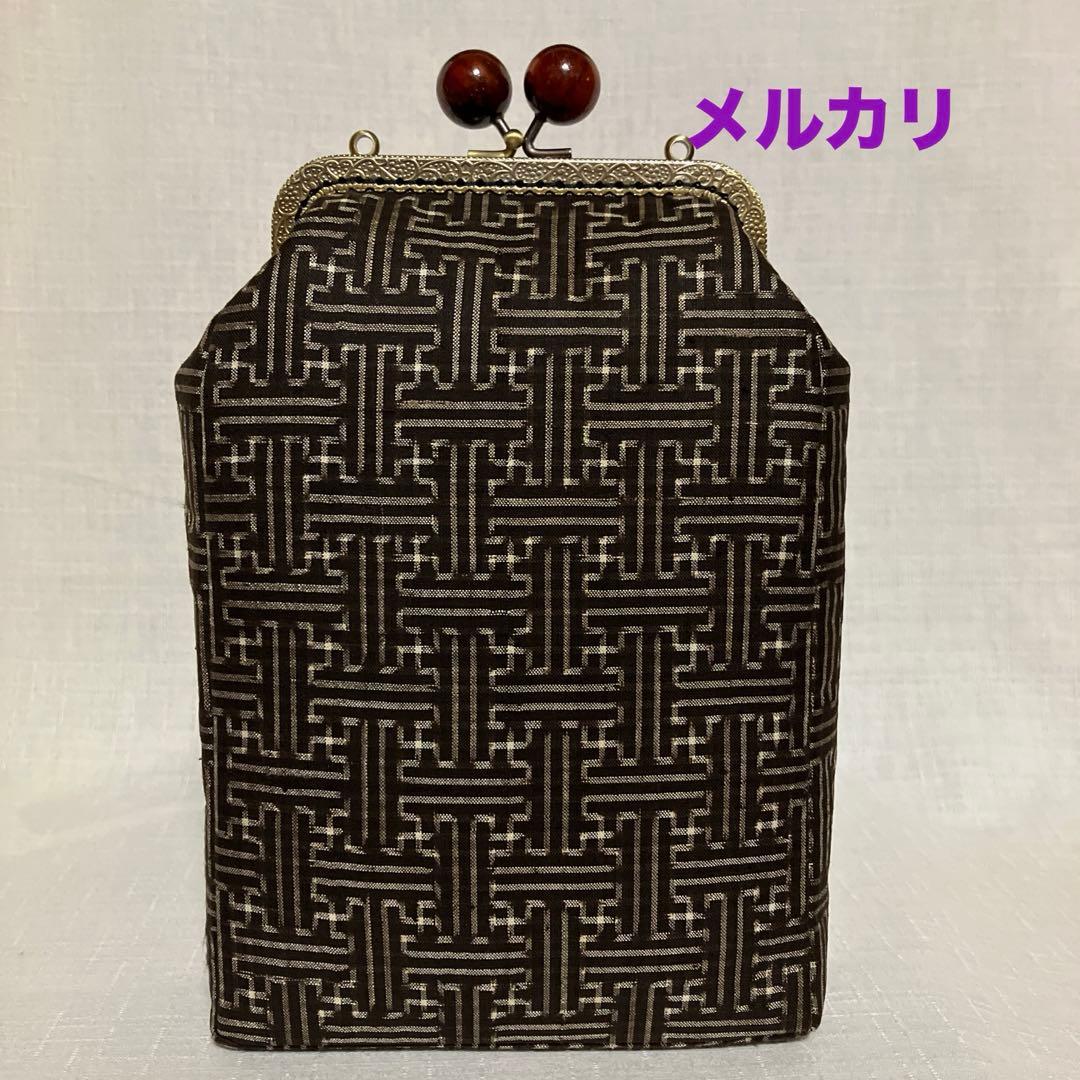 泥大島紬龍郷　秋名バラ８玉　がま口スマホショルダーバッグ　ハンドメイド