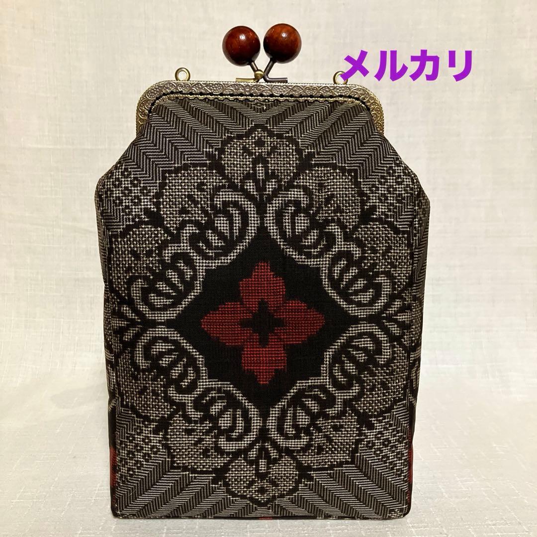 泥大島紬龍郷　秋名バラ８玉　がま口スマホショルダーバッグ　ハンドメイド