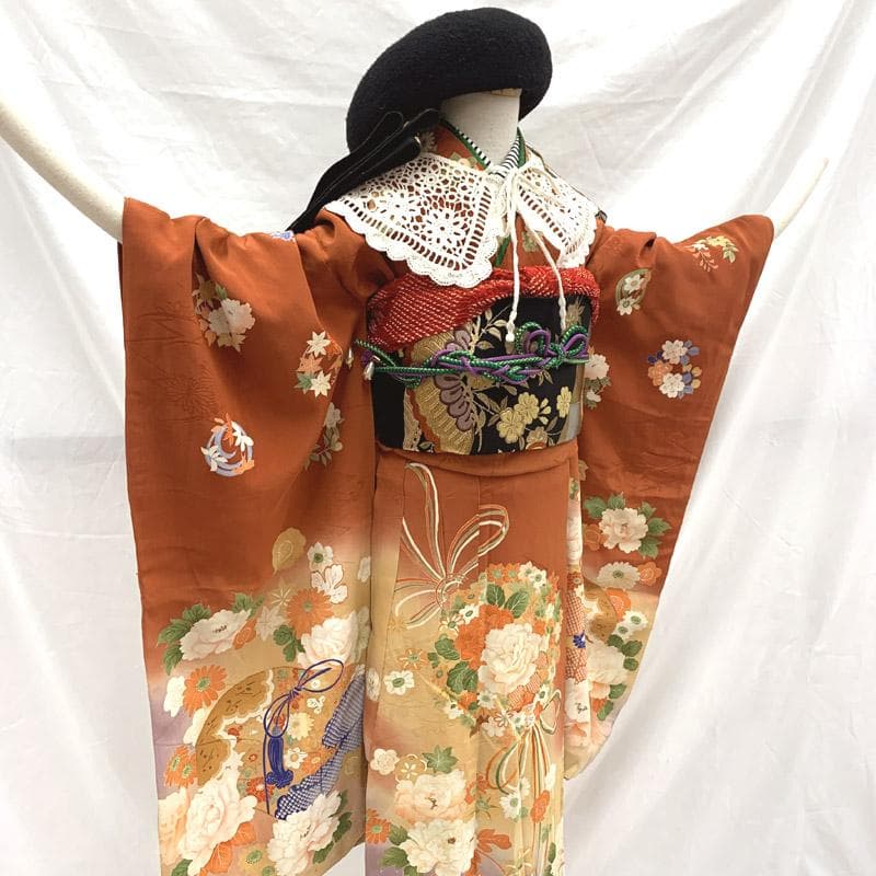 508aj2■ハーフ成人式 アンティーク着物&長襦袢 ジュニア 刺繍■良好