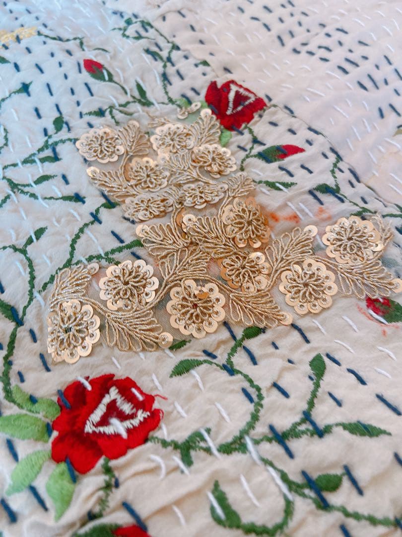 インド　カンバディアキルト　ダブルサイズ　キングサイズ　アイボリー