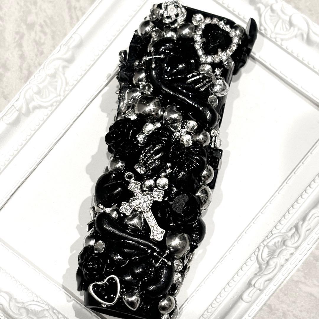 IQOSイルマワンケースデコ 量産地雷パンク系ゴスロリ黒シルバー全面