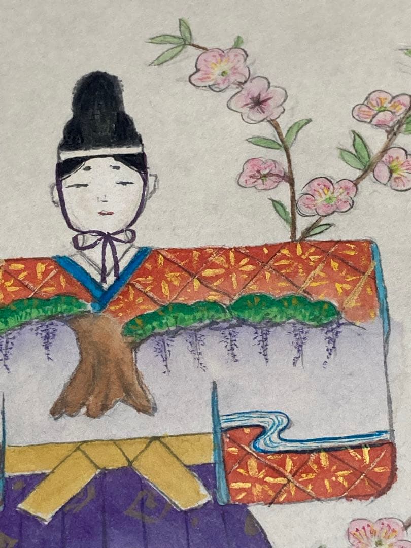望月春江 真作 掛軸 短冊 めおと雛 桃の節句 雛祭りに 肉筆 日本画