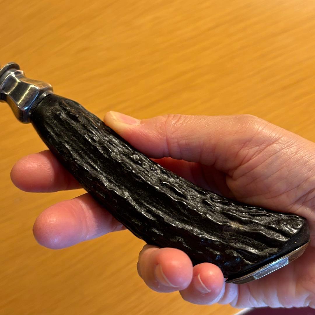 イギリス　アンティーク　スターリングシルバー　鹿角ハンドル カービングフォーク