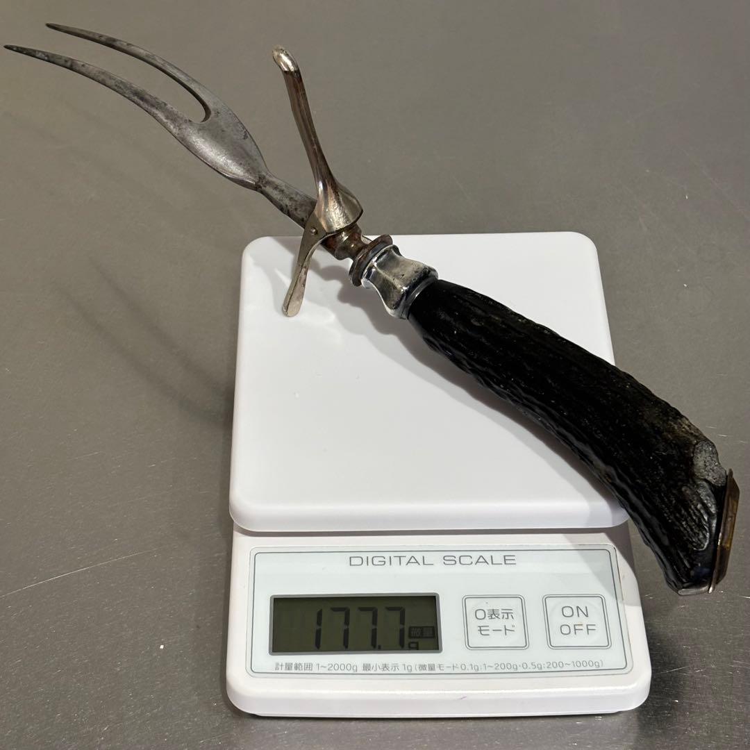 イギリス　アンティーク　スターリングシルバー　鹿角ハンドル カービングフォーク