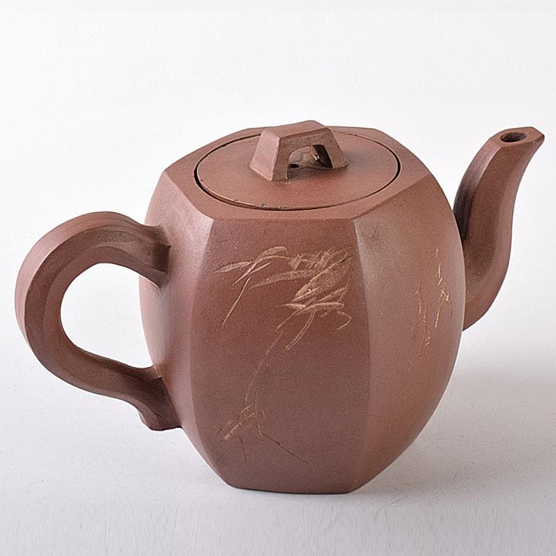 中国　小六方　紫砂　朱泥　漢詩草文　六角急須　茶壷　V　R8293 宜興紫砂壺 「六方梨形」・黃竜山老朱泥 | 北白川糕糰店