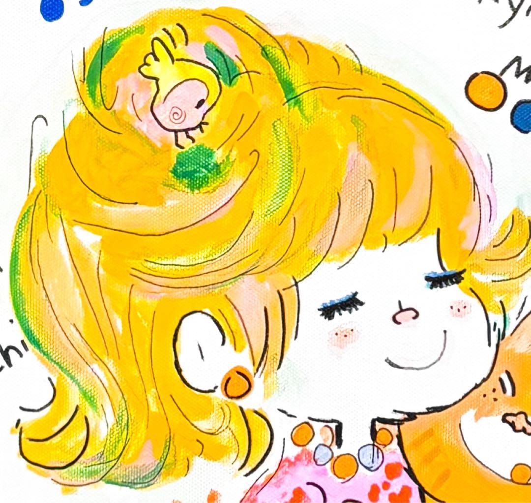 F4号】手描き油彩 水森亜土 額縁 新品額 サイン 絵画 女の子 猫 人気