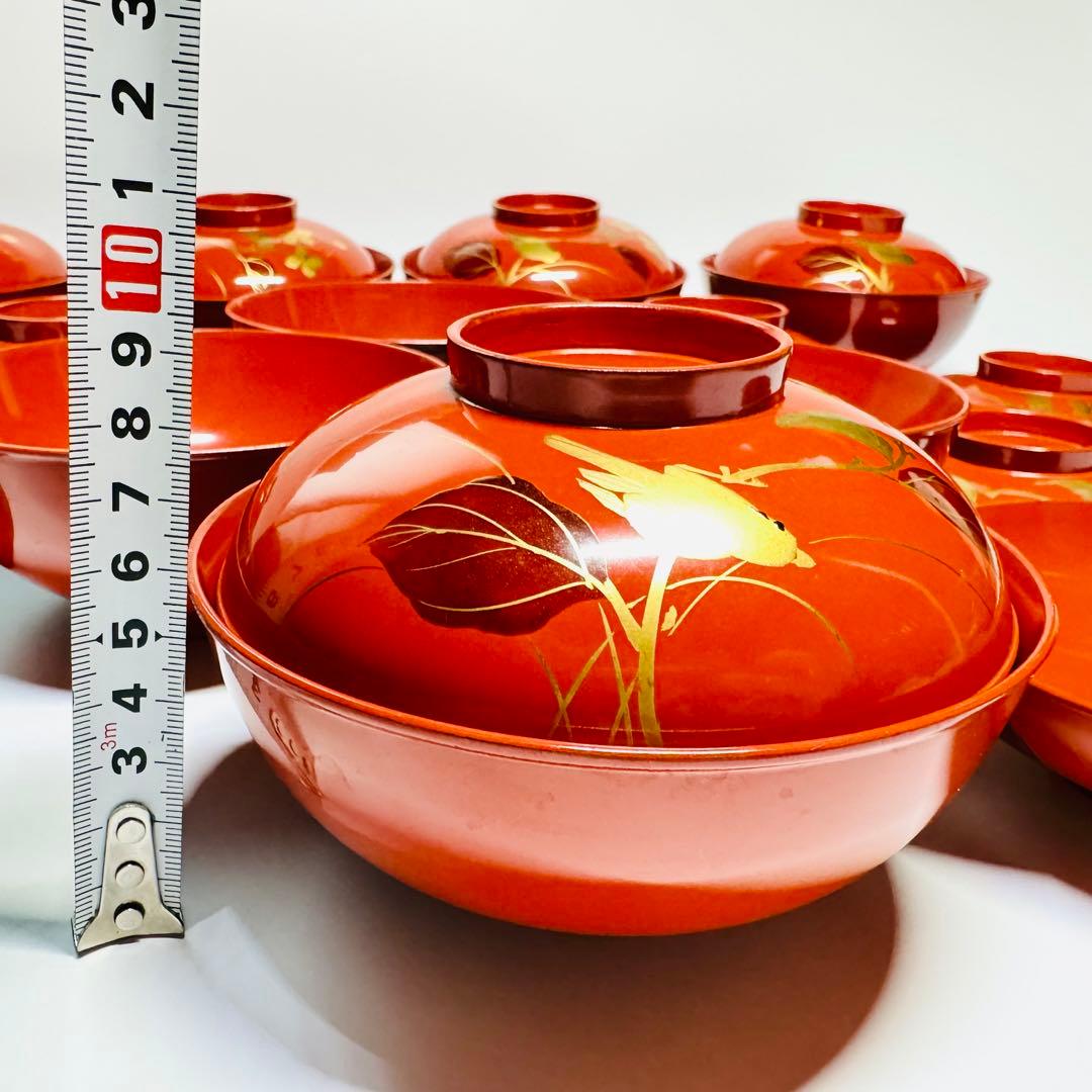 漆器 輪島塗 金蒔絵 鳥花絵 木製 朱 蓋付椀 お煮物椀 吸物椀 10客 骨董