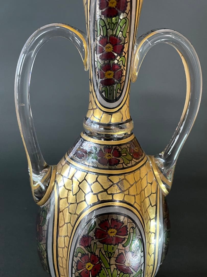 アンティークモーゼル金彩エナメル西洋撫子紋両耳大飾壺