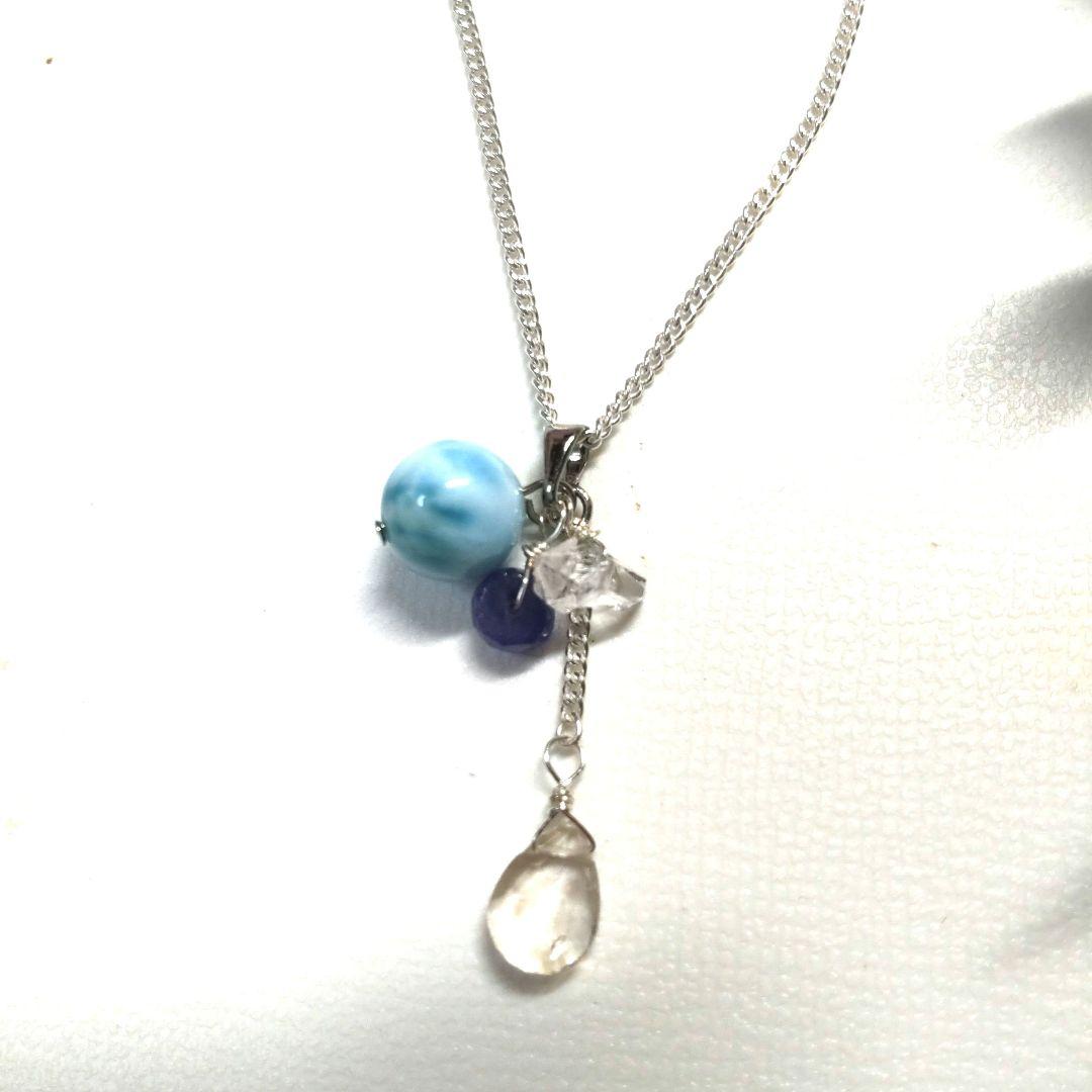 高品質ラリマー、宝石質ホワイトトパーズ、タンザナイト ピアス ネックレスセット