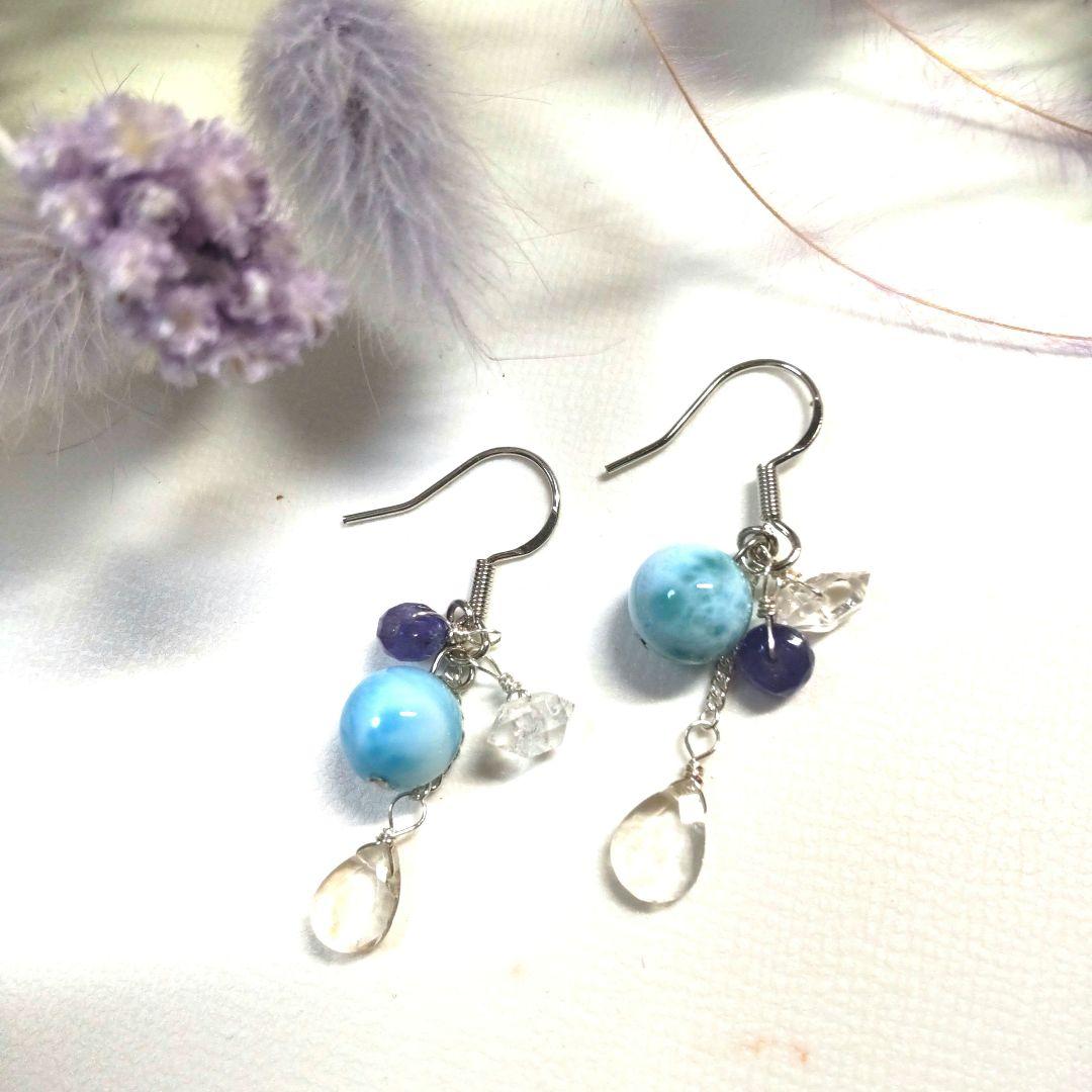 高品質ラリマー、宝石質ホワイトトパーズ、タンザナイト ピアス ネックレスセット