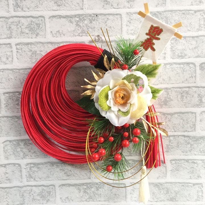 紅 ラタン のお正月飾り ちりめん椿 和モダン NO2