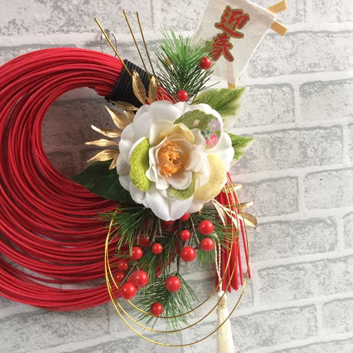 紅 ラタン のお正月飾り ちりめん椿 和モダン NO2