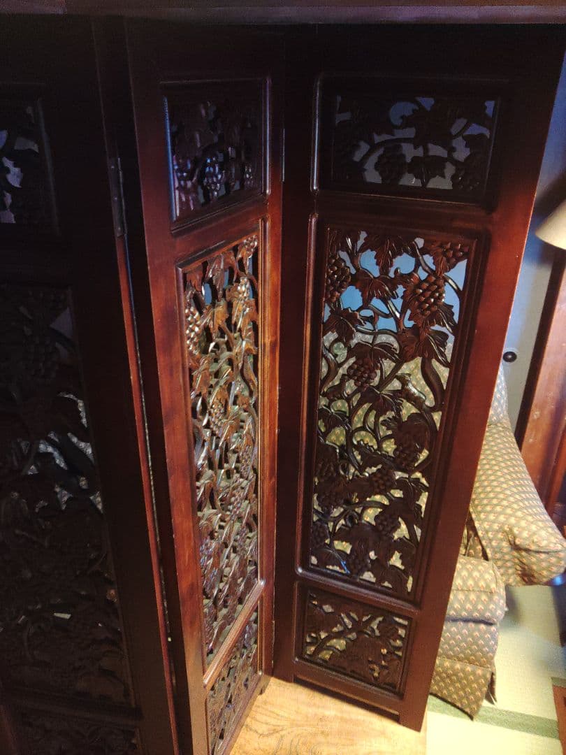 希少　パーテーション　透かし彫り　衝立　無垢　間仕切り　4連　ヴィンテージ