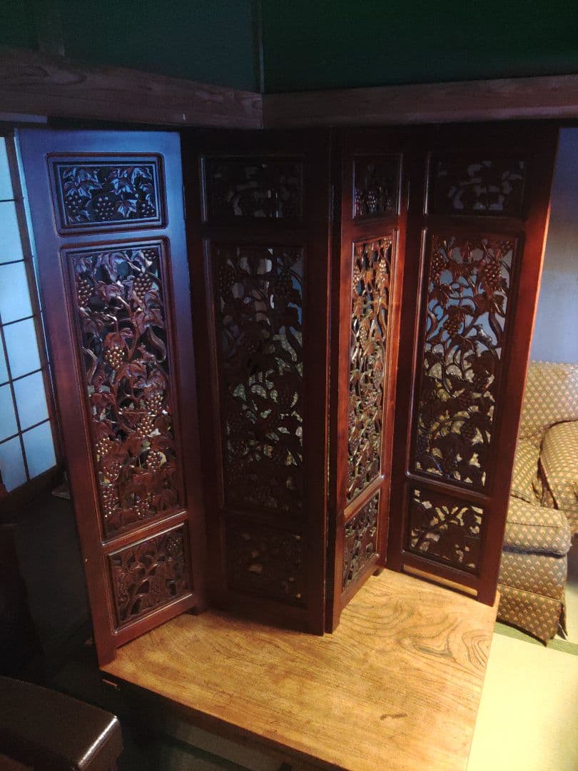 希少　パーテーション　透かし彫り　衝立　無垢　間仕切り　4連　ヴィンテージ