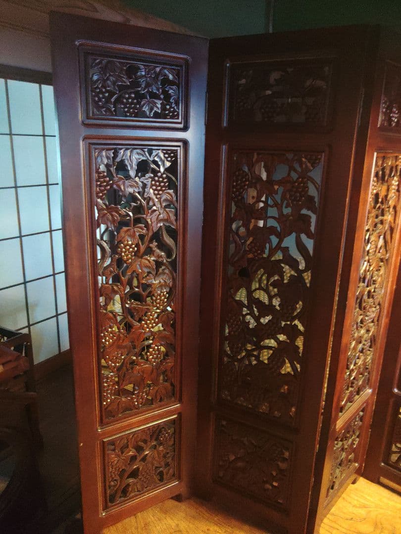 希少　パーテーション　透かし彫り　衝立　無垢　間仕切り　4連　ヴィンテージ