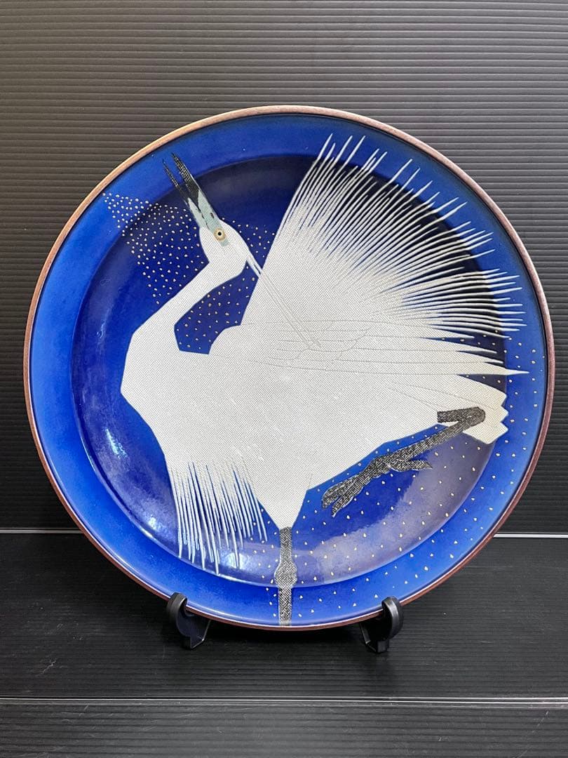 E705 藤村正美　白鷺　九谷焼　絵皿　飾皿　共箱付