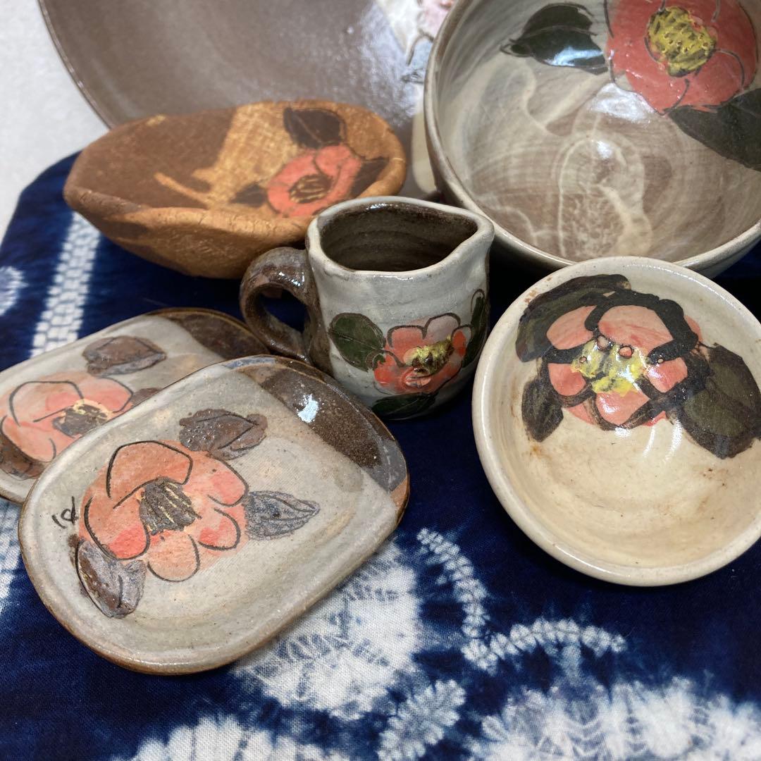 小石原焼　ヤマ◯窯　椿絵付セット