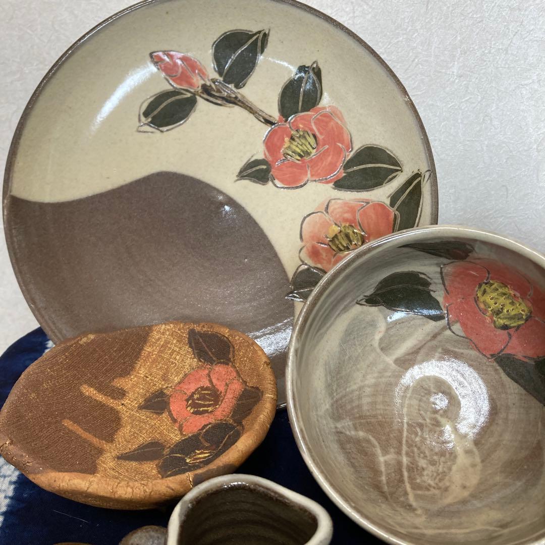 小石原焼　ヤマ◯窯　椿絵付セット