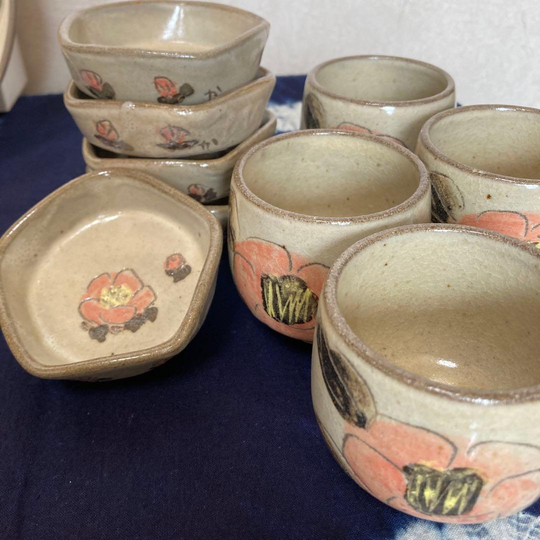 小石原焼　ヤマ◯窯　椿絵付セット