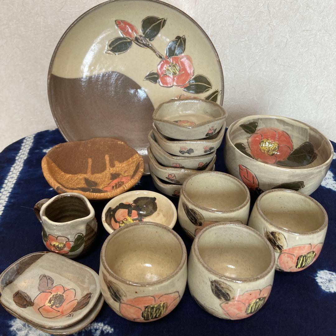 小石原焼　ヤマ◯窯　椿絵付セット