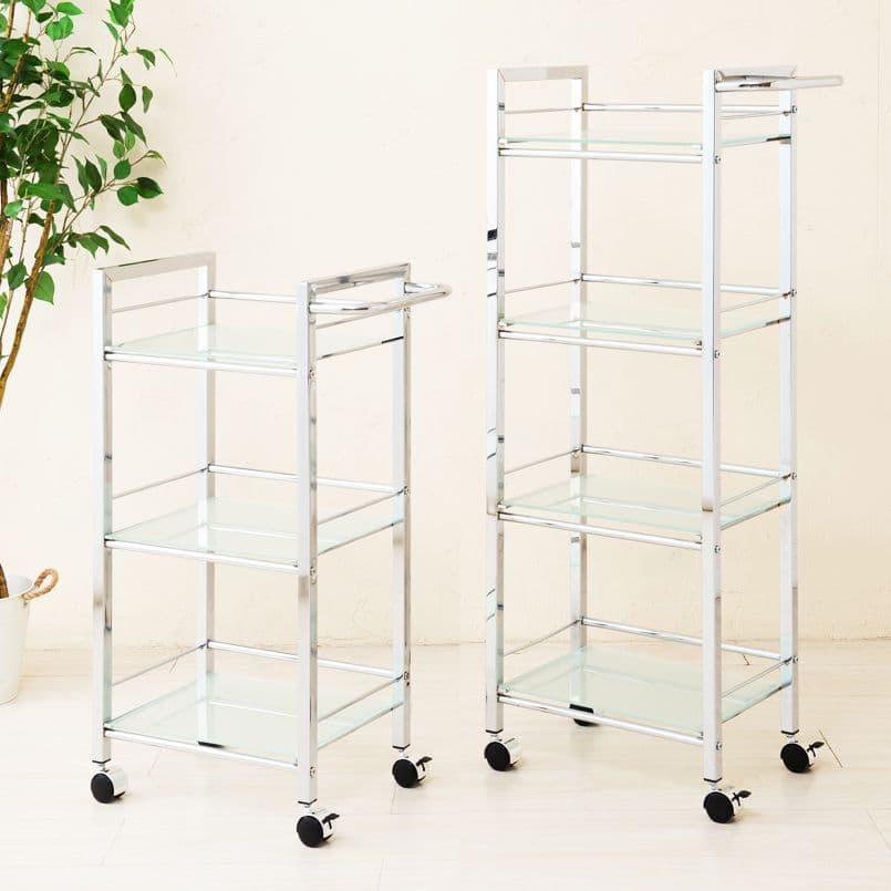 《新品・送料無料》ガラスシェルフワゴン4段/ラック/収納/キッチン/アイアン