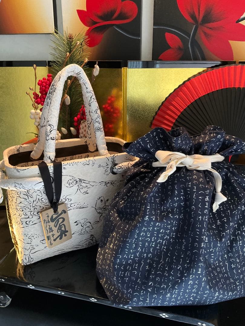 一閑張り　一閑張りバッグ　古文書　和紙　浮世絵　大正　着物　鳥獣戯画　兎　蛙　絹