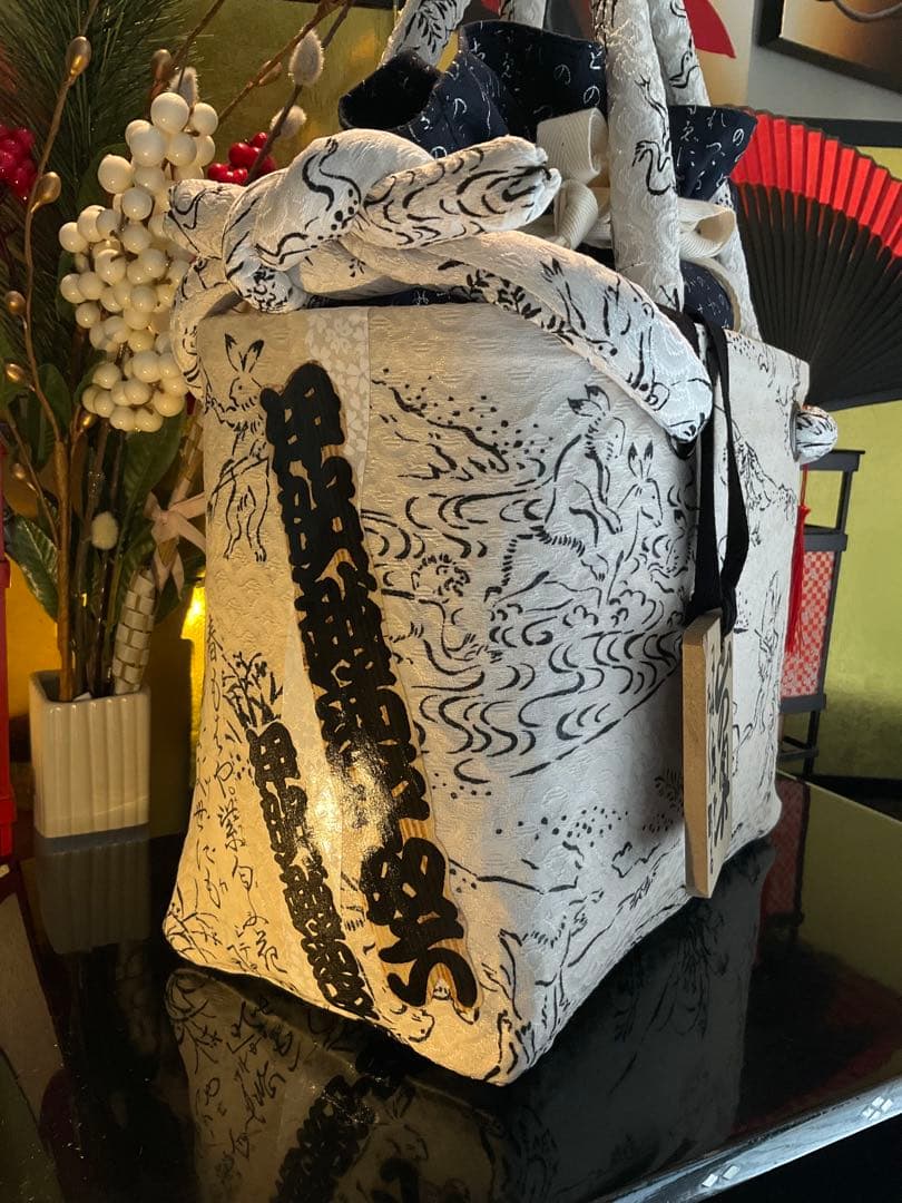 一閑張り　一閑張りバッグ　古文書　和紙　浮世絵　大正　着物　鳥獣戯画　兎　蛙　絹