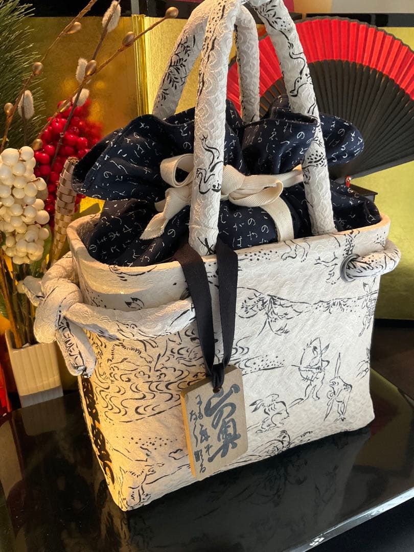 一閑張り　一閑張りバッグ　古文書　和紙　浮世絵　大正　着物　鳥獣戯画　兎　蛙　絹