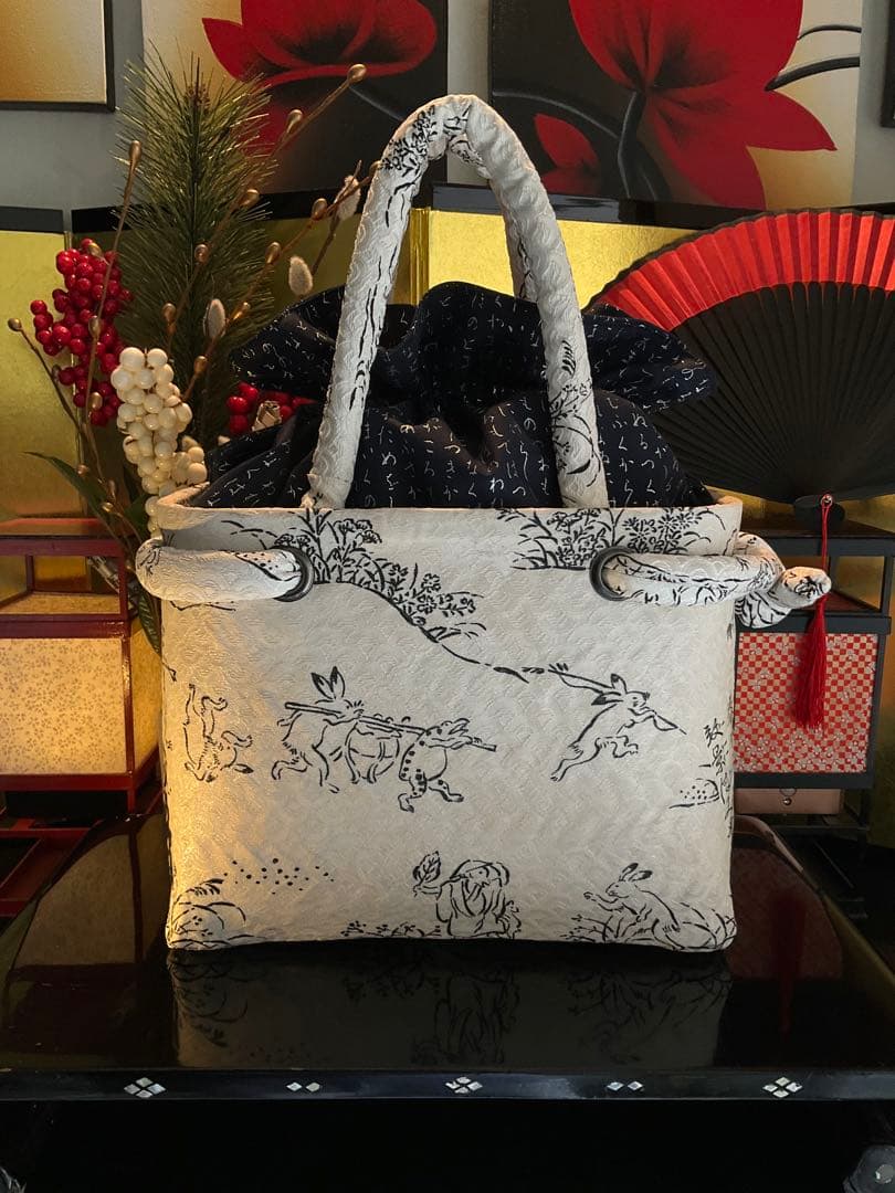 一閑張り　一閑張りバッグ　古文書　和紙　浮世絵　大正　着物　鳥獣戯画　兎　蛙　絹