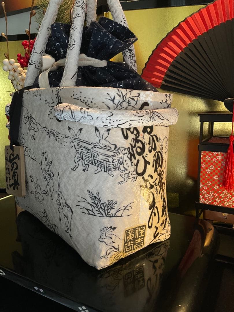 一閑張り　一閑張りバッグ　古文書　和紙　浮世絵　大正　着物　鳥獣戯画　兎　蛙　絹