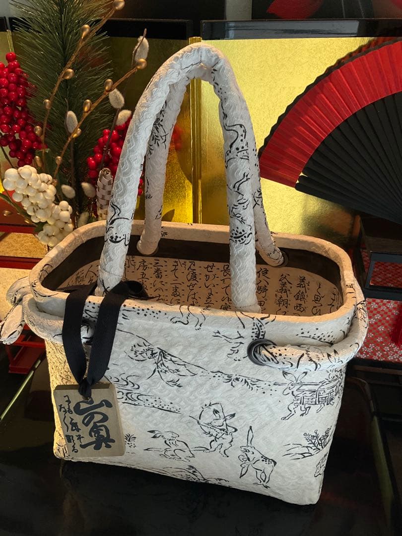 一閑張り　一閑張りバッグ　古文書　和紙　浮世絵　大正　着物　鳥獣戯画　兎　蛙　絹