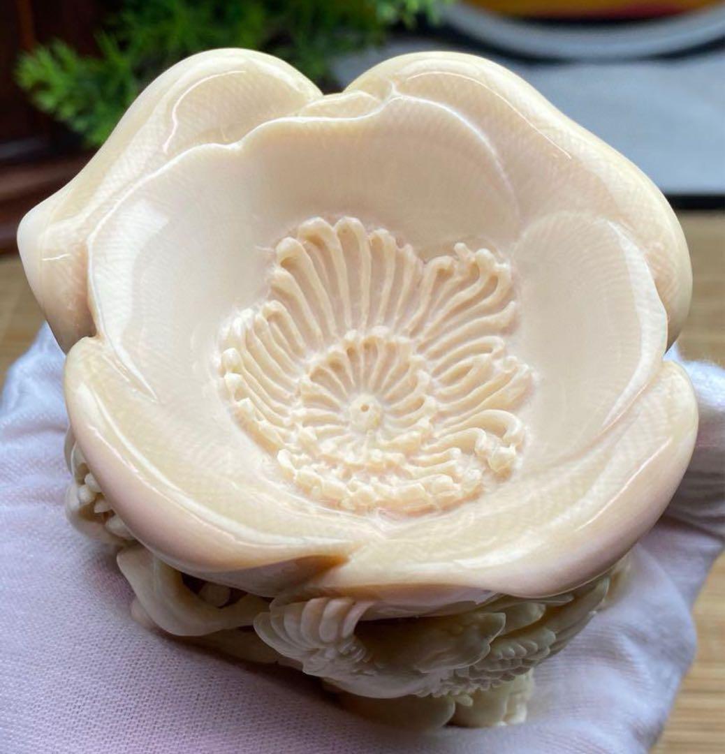 天然マンモス牙美しい手作り彫刻花開富貴 置物