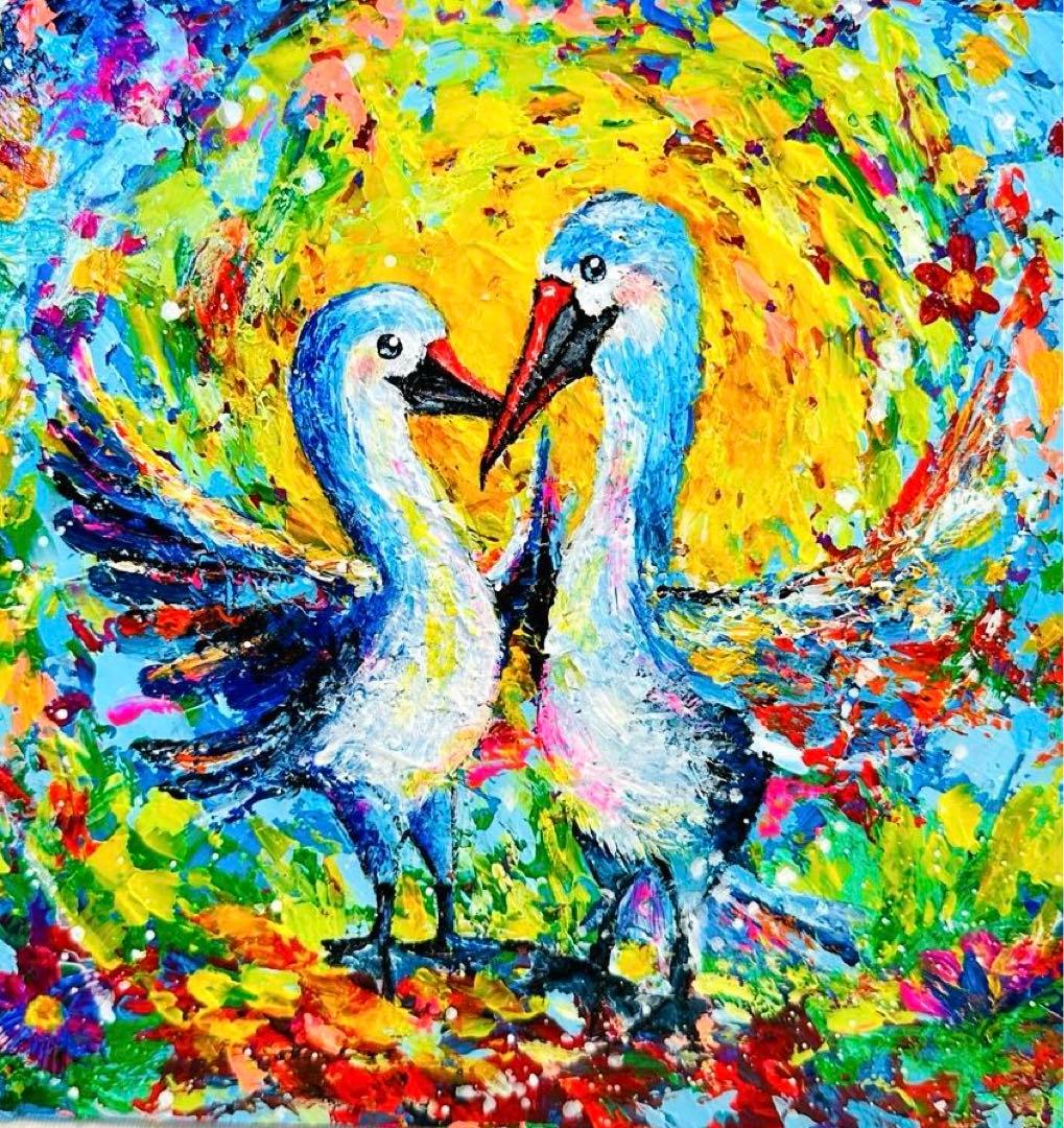 カラフルな鳥の絵 手描き ポップアート アクリル画 【 青い鳥