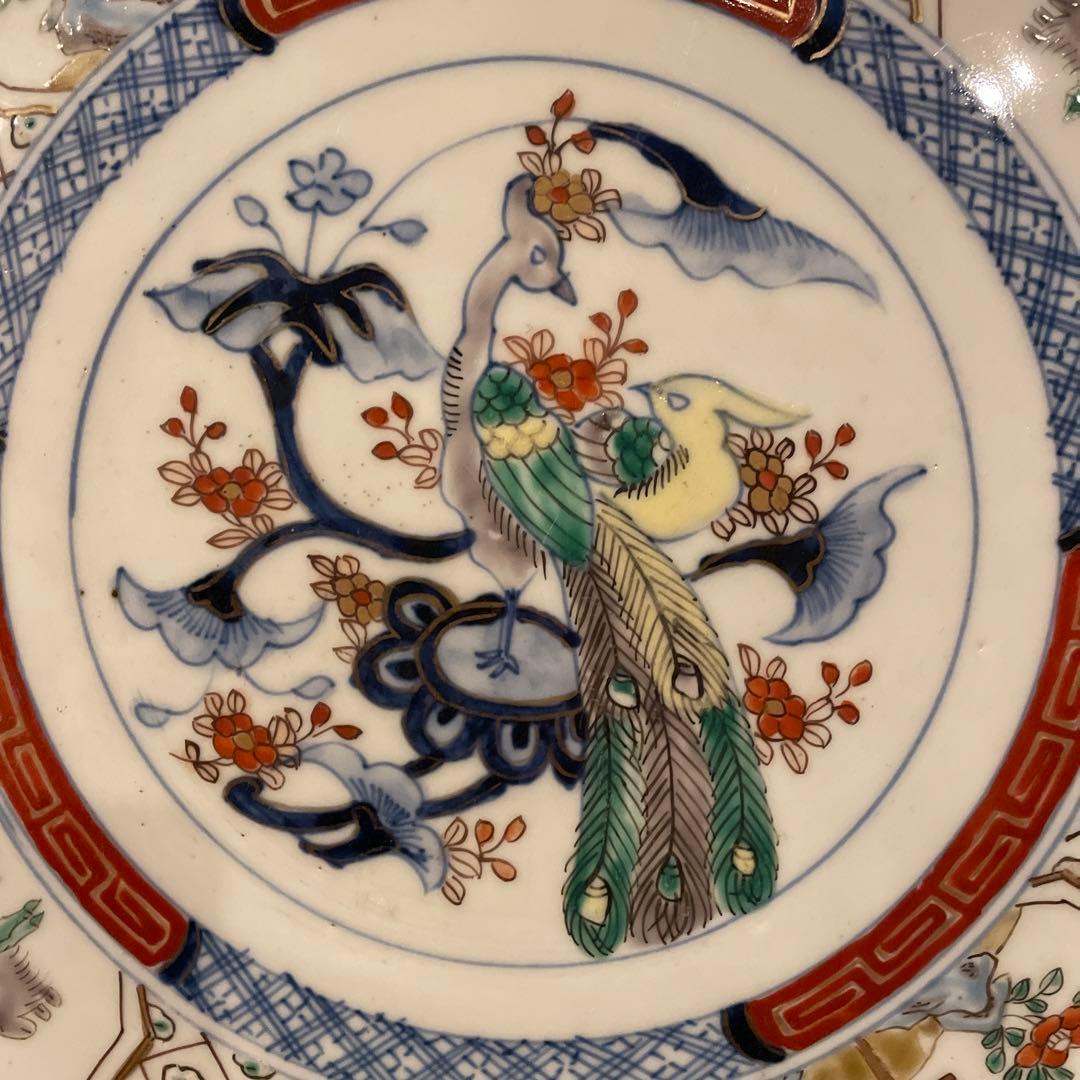 古伊万里焼大皿 色絵 孔雀、花の絵 飾り皿 37センチインテリア 【骨董