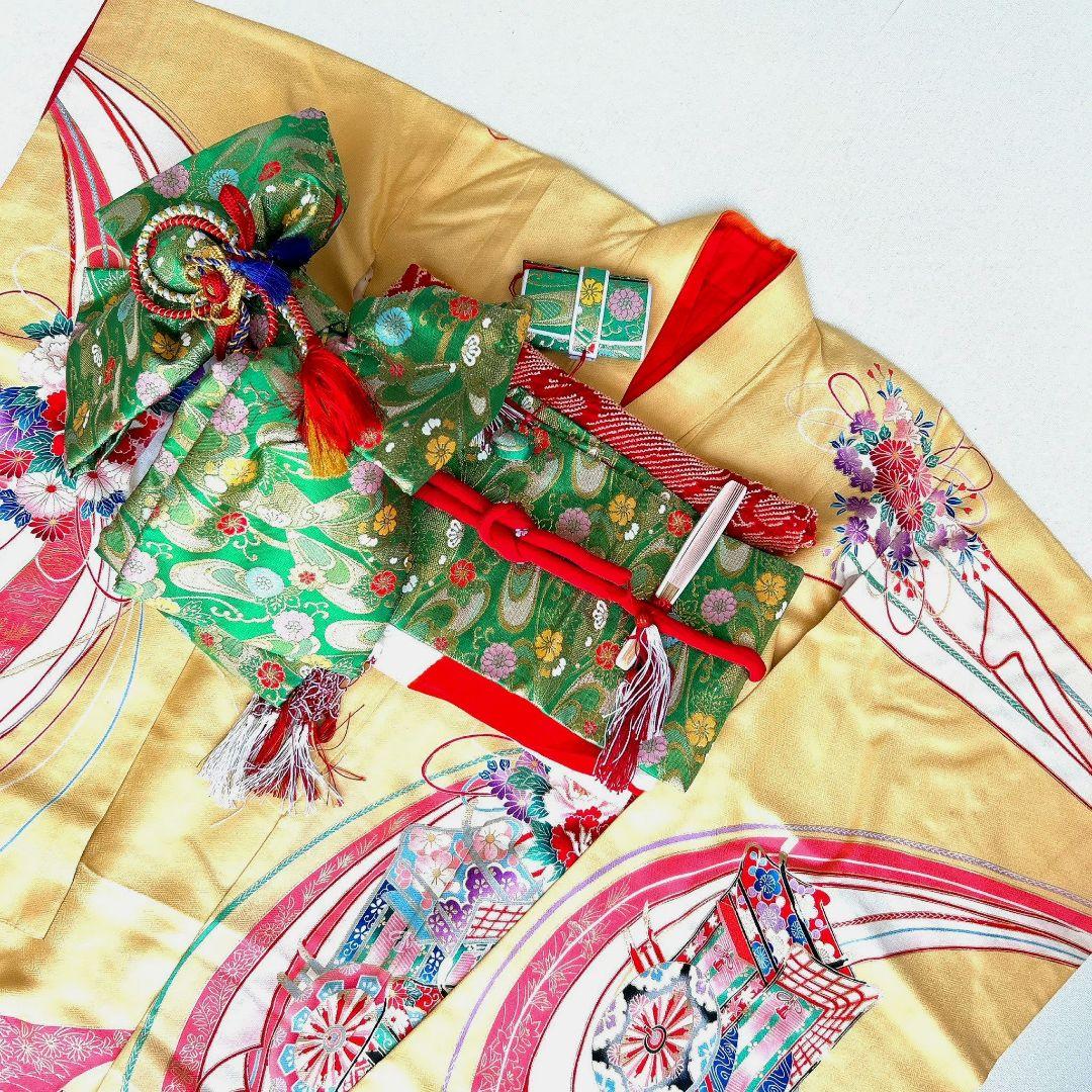 セット　七五三７歳女の子　着物＆作り帯＆袖なし長襦袢＆小物　クリーム色　花御所
