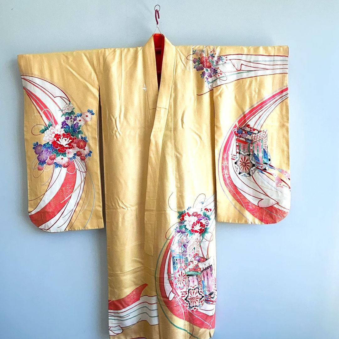 セット　七五三７歳女の子　着物＆作り帯＆袖なし長襦袢＆小物　クリーム色　花御所