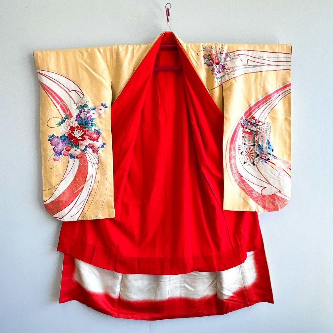 セット　七五三７歳女の子　着物＆作り帯＆袖なし長襦袢＆小物　クリーム色　花御所